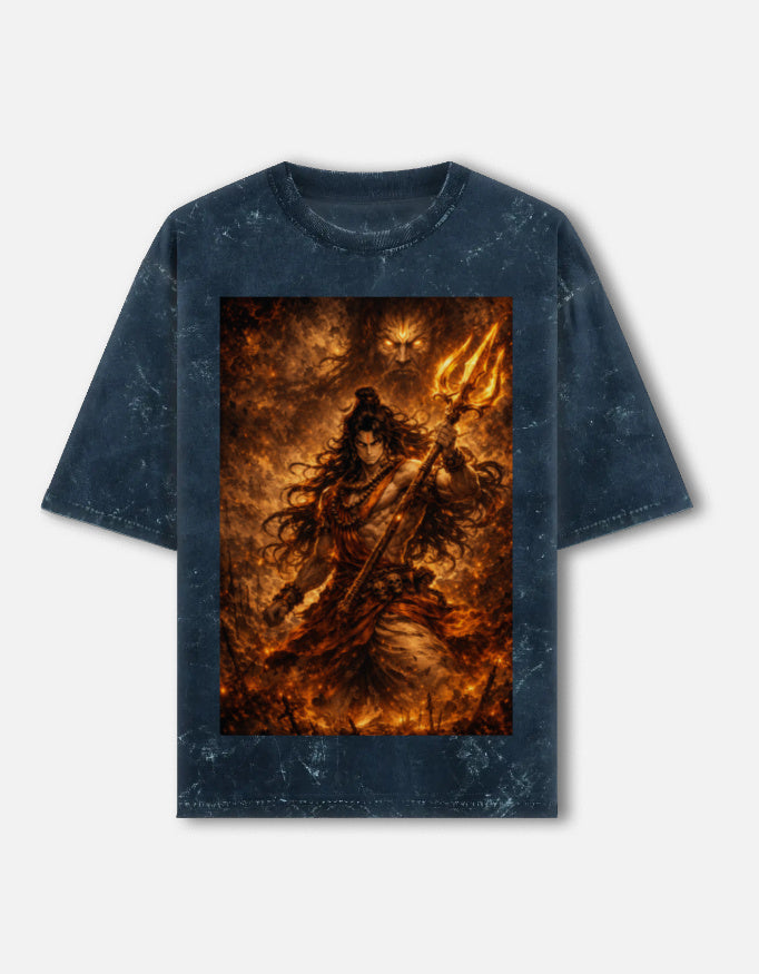 Agnipath fire warrior acid wash oversized tee, navy blue, front view