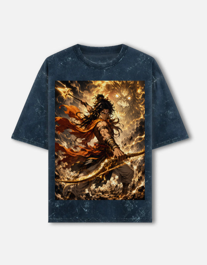 Pralay fire archer acid wash oversized tee, navy blue, front view