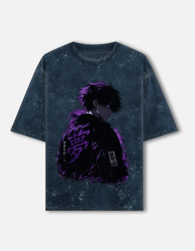 Stand Up And Fight front and back anime acid wash oversized tee, navy blue, front view