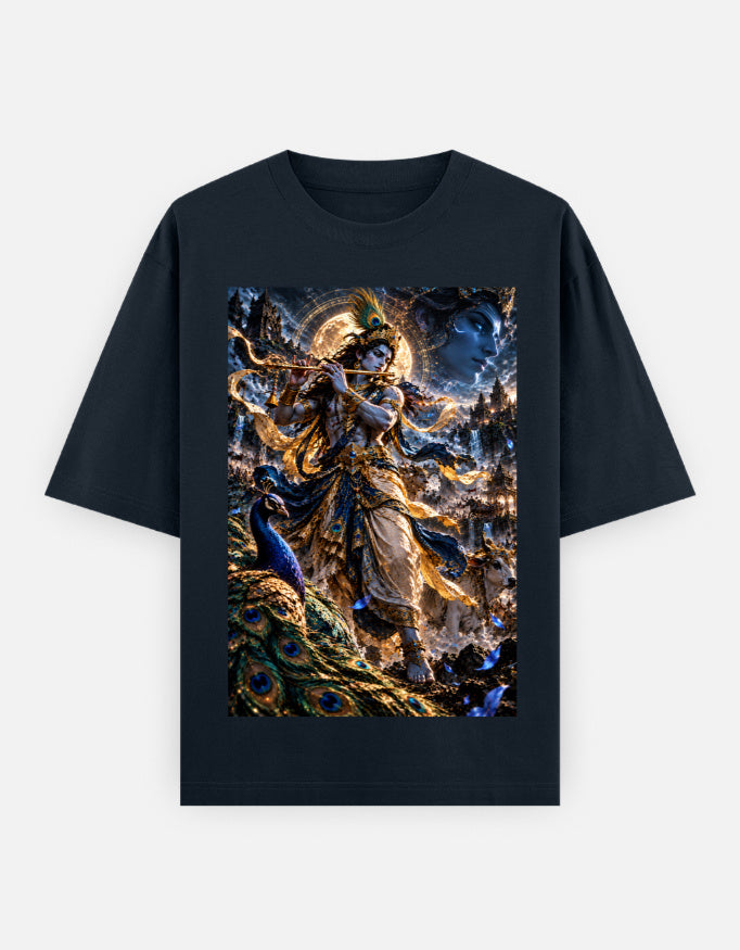 Murlidhar Krishna peacock classic oversized tee, navy blue, front view