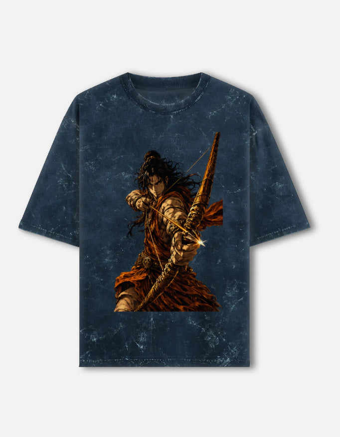 Dhanurdhar golden archer acid wash oversized tee, navy blue, front view