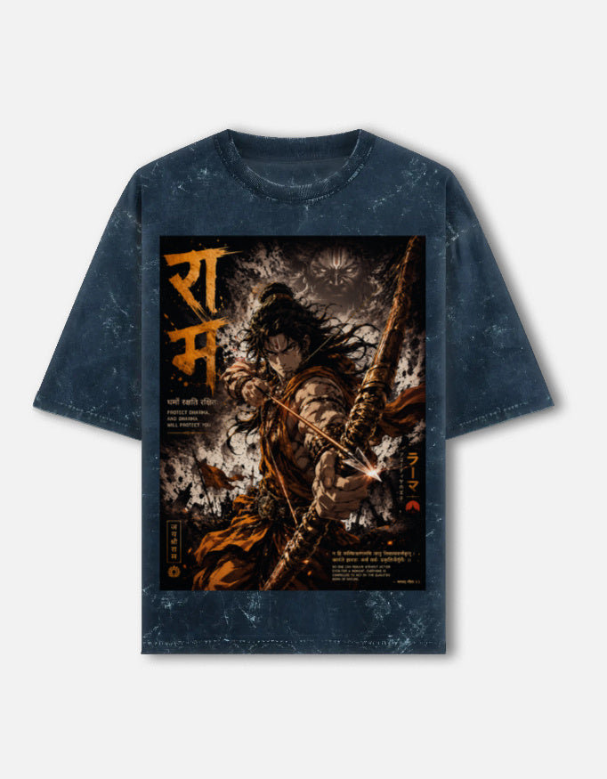 Ram mythology poster acid wash oversized tee, navy blue, front view