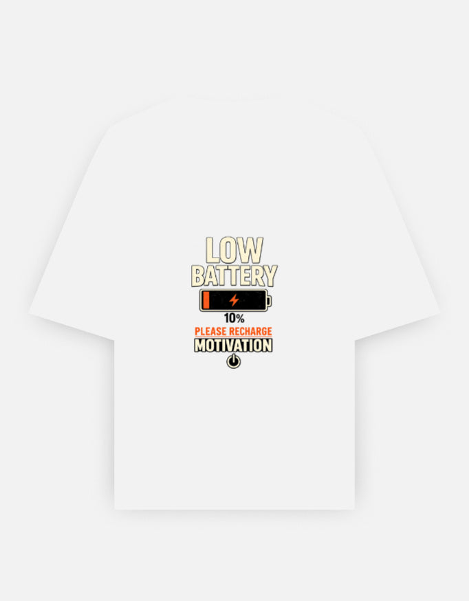 Running On Motivation Low Battery classic oversized tee, grey melange, front view