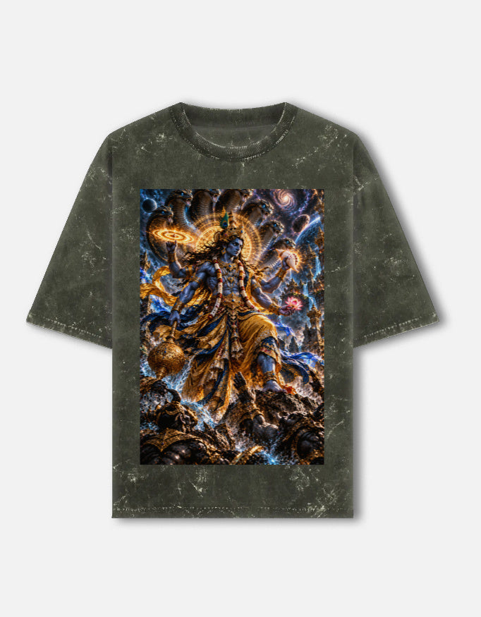 Vishwaroop cosmic Vishnu acid wash oversized tee, olive green, front view