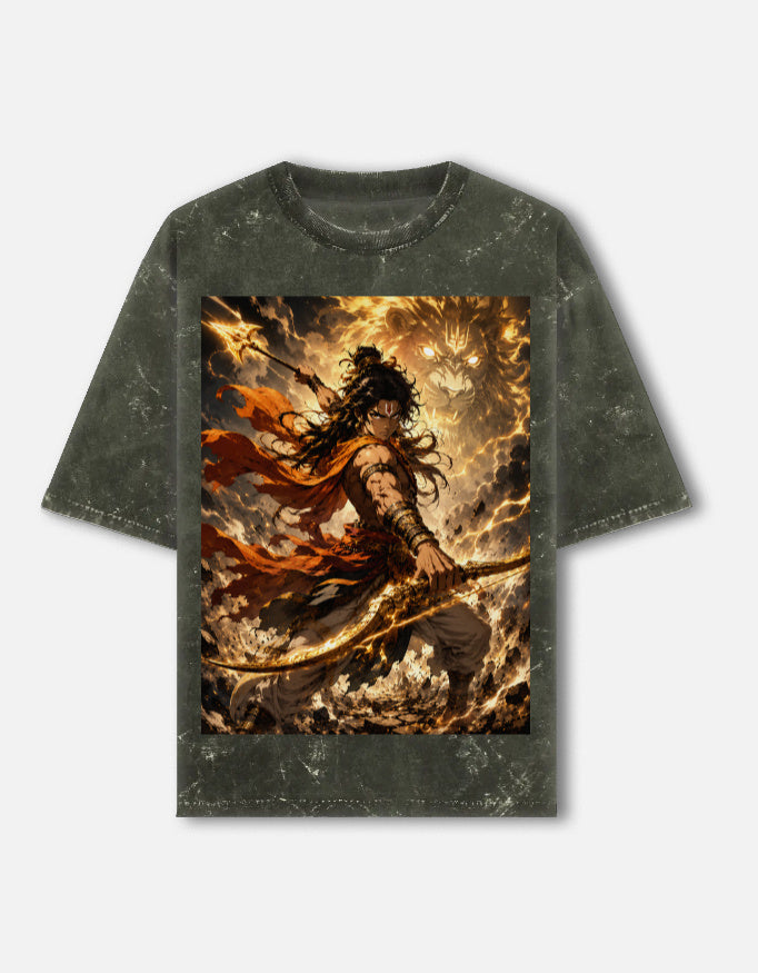 Pralay fire archer acid wash oversized tee, olive green, front view