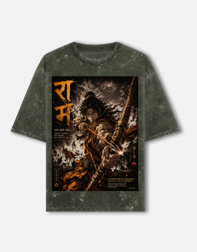 Ram mythology poster acid wash oversized tee, olive green, front view