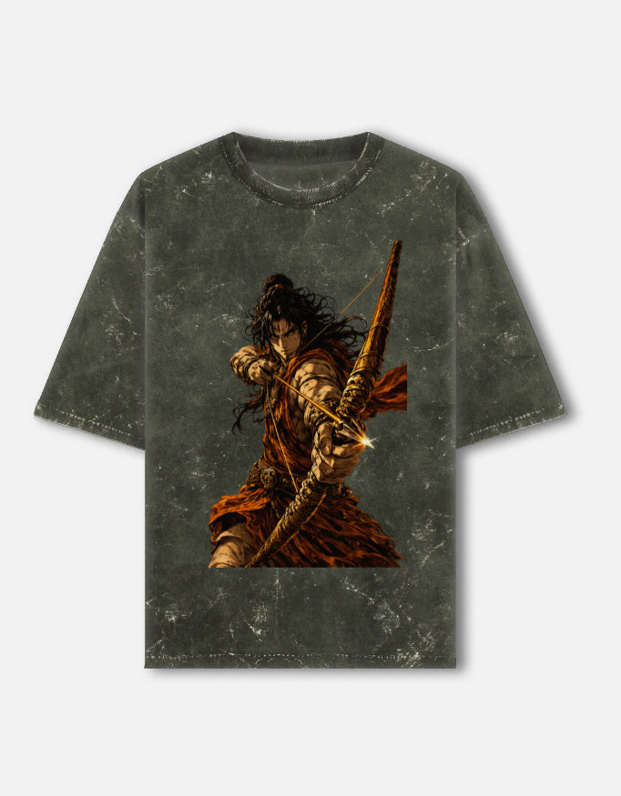 Dhanurdhar golden archer acid wash oversized tee, olive green, front view