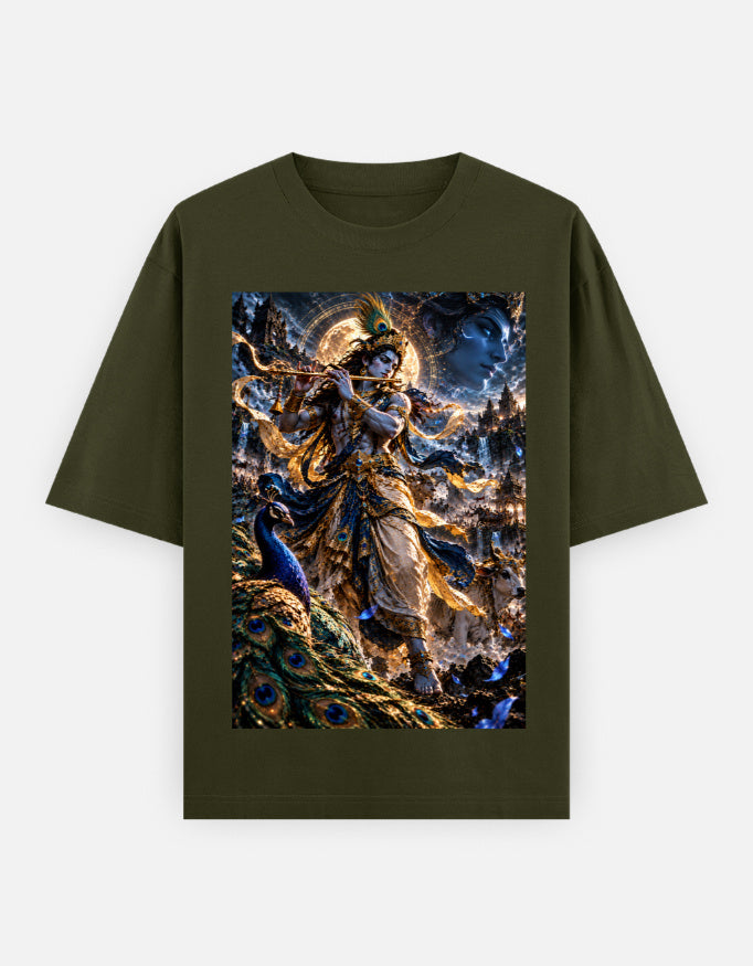 Murlidhar Krishna peacock classic oversized tee, olive green, front view