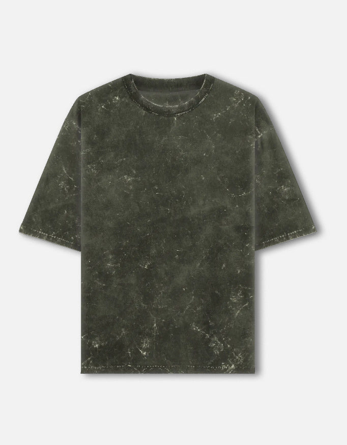 Mahadev Shiva trishul acid wash oversized tee, olive green, front view