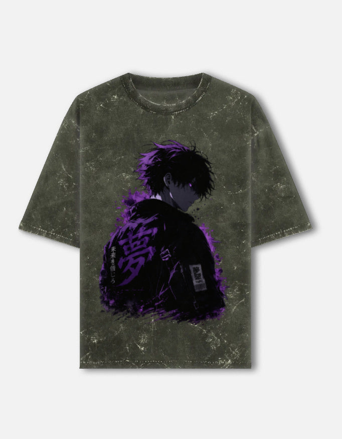 Stand Up And Fight front and back anime acid wash oversized tee, olive green, front view