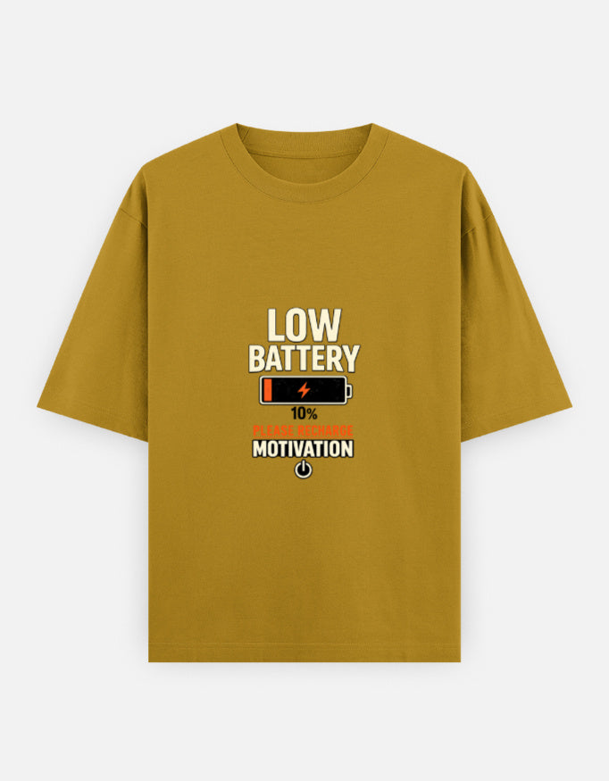 Running On Motivation Low Battery classic oversized tee, mustard yellow, front view