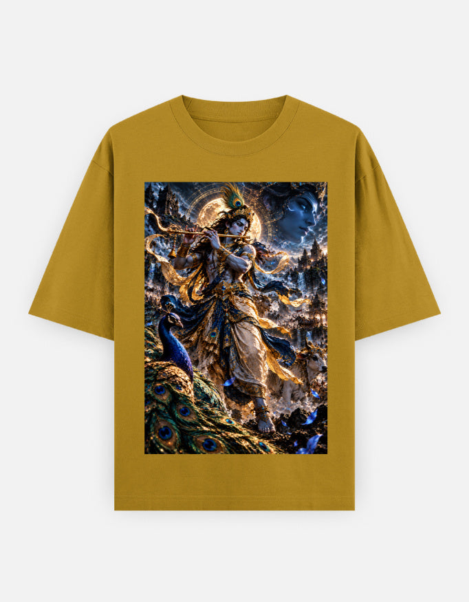Murlidhar Krishna peacock classic oversized tee, mustard yellow, front view