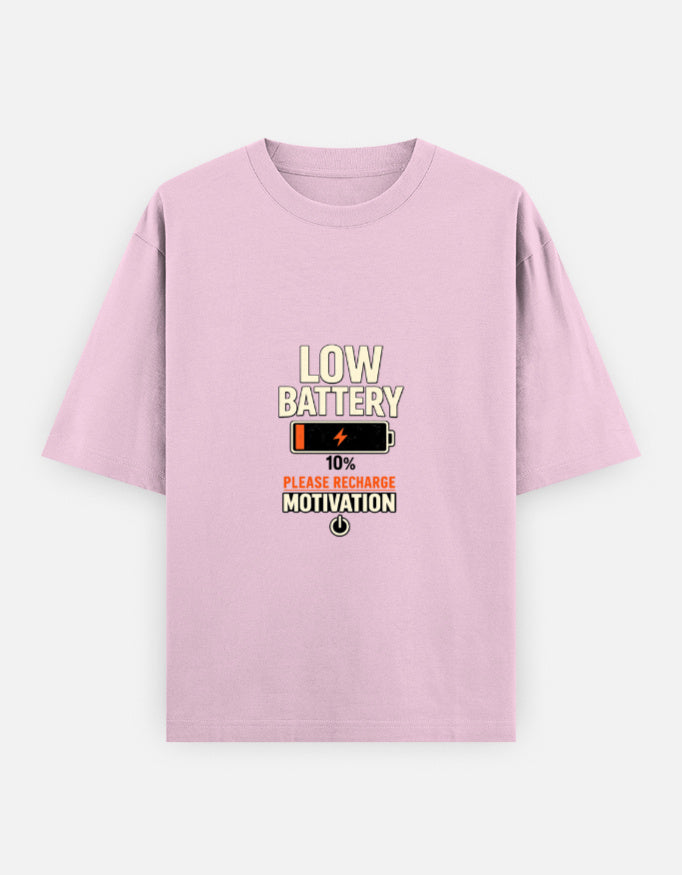 Running On Motivation Low Battery classic oversized tee, light baby pink, front view