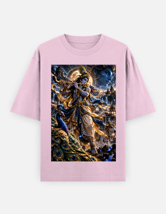 Murlidhar Krishna peacock classic oversized tee, light baby pink, front view