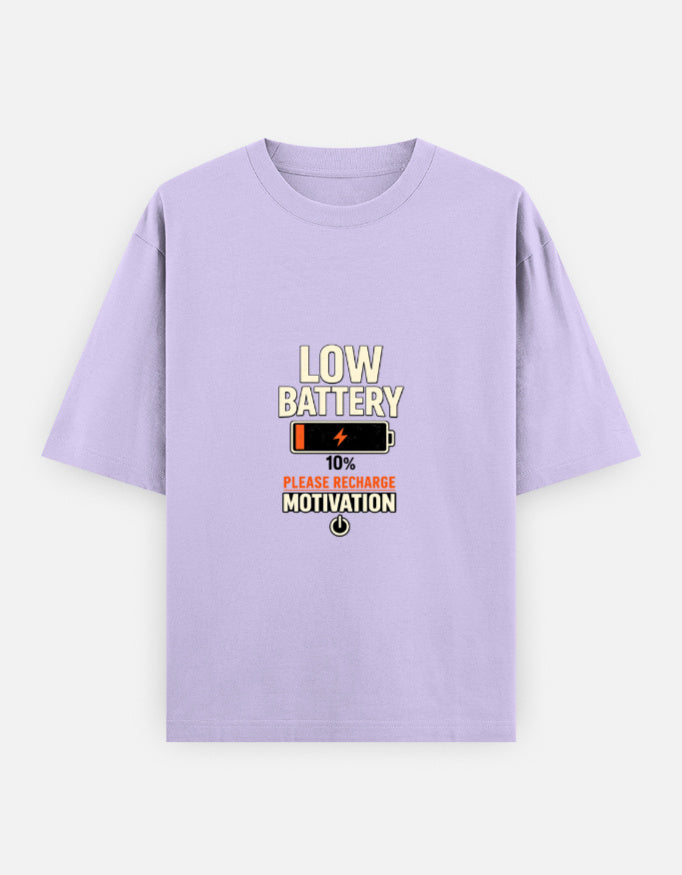 Running On Motivation Low Battery classic oversized tee, lavender, front view