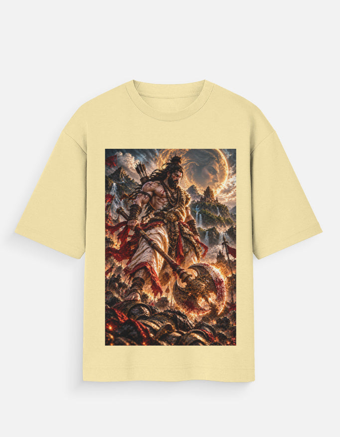 Parshuram axe warrior oversized t-shirt, beige, front view