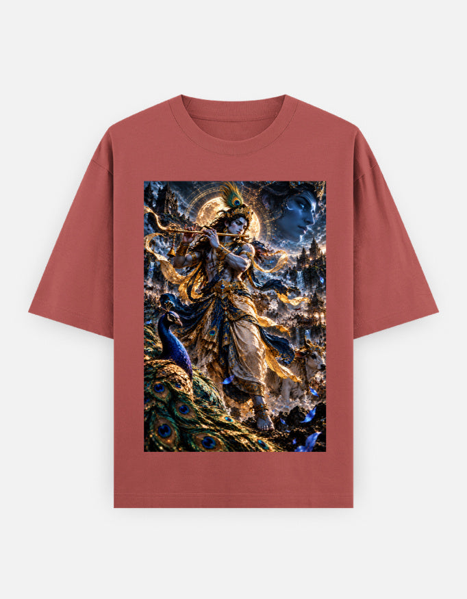 Murlidhar Krishna peacock classic oversized tee, coral, front view