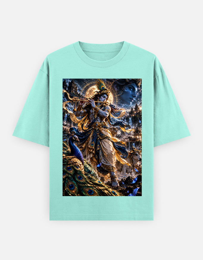 Murlidhar Krishna peacock classic oversized tee, mint, front view