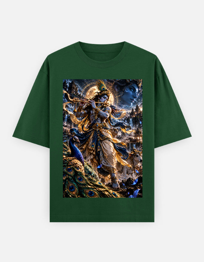 Murlidhar Krishna peacock classic oversized tee, bottle green, front view