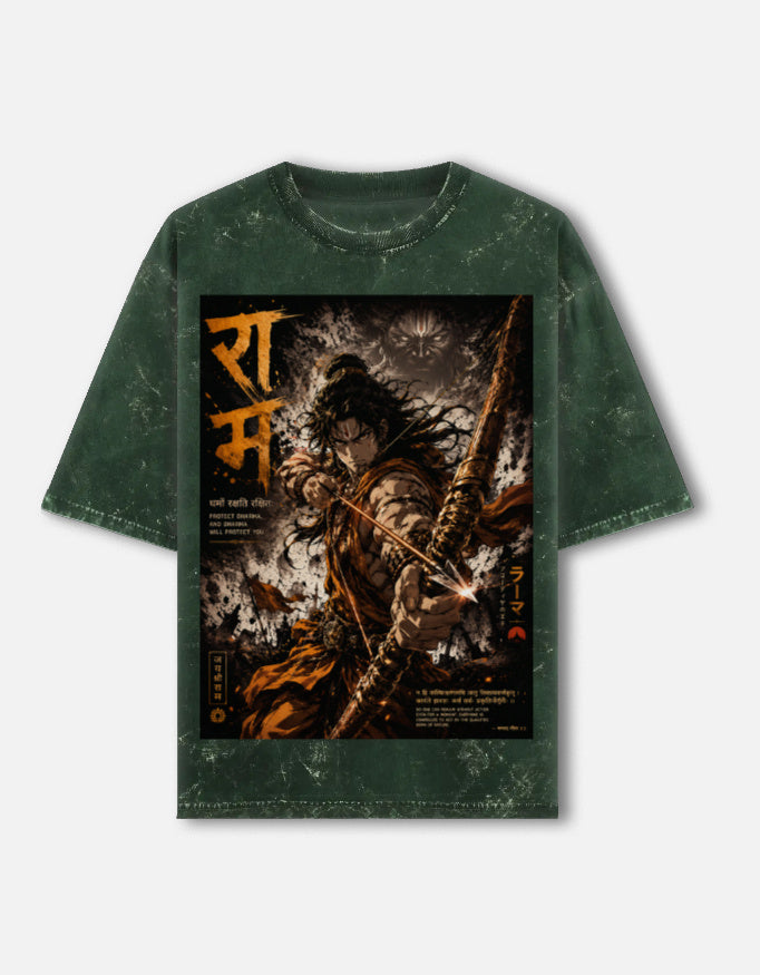 Ram mythology poster acid wash oversized tee, bottle green, front view