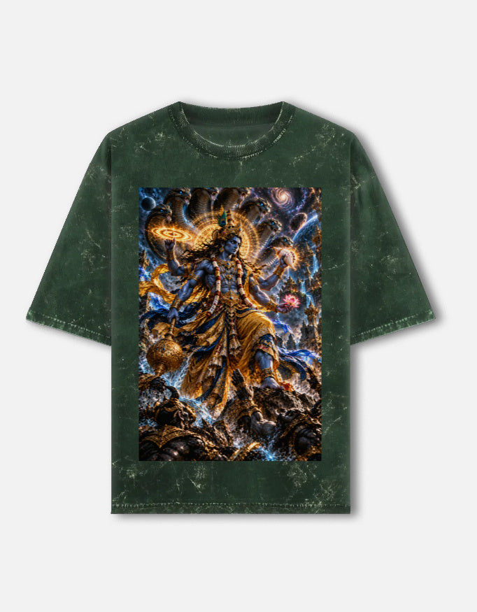 Vishwaroop cosmic Vishnu acid wash oversized tee, bottle green, front view