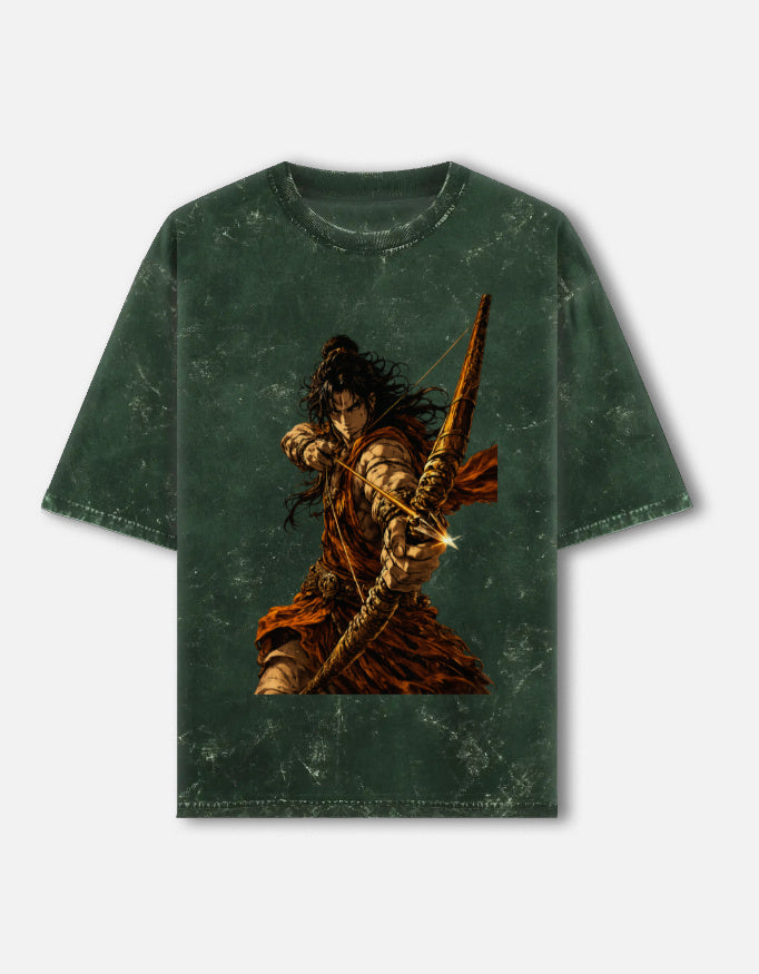Dhanurdhar golden archer acid wash oversized tee, bottle green, front view