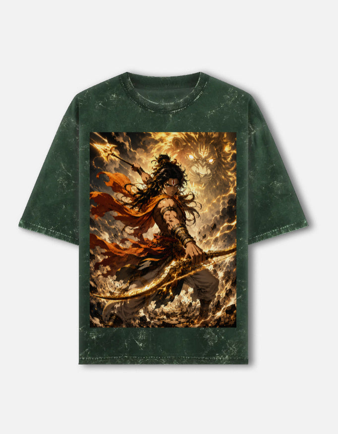 Pralay fire archer acid wash oversized tee, bottle green, front view