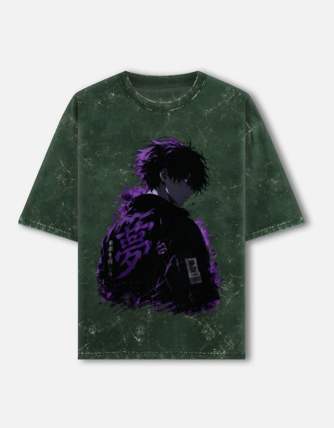 Stand Up And Fight front and back anime acid wash oversized tee, bottle green, front view
