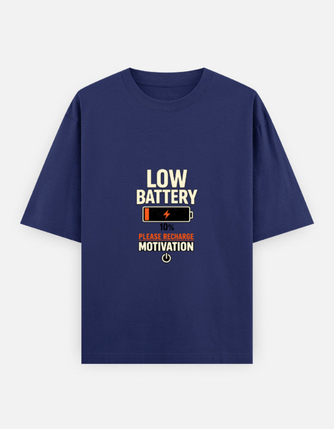 Running On Motivation Low Battery classic oversized tee, royal blue, front view