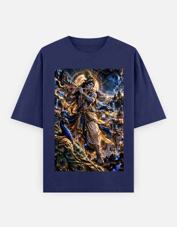 Murlidhar Krishna peacock classic oversized tee, royal blue, front view